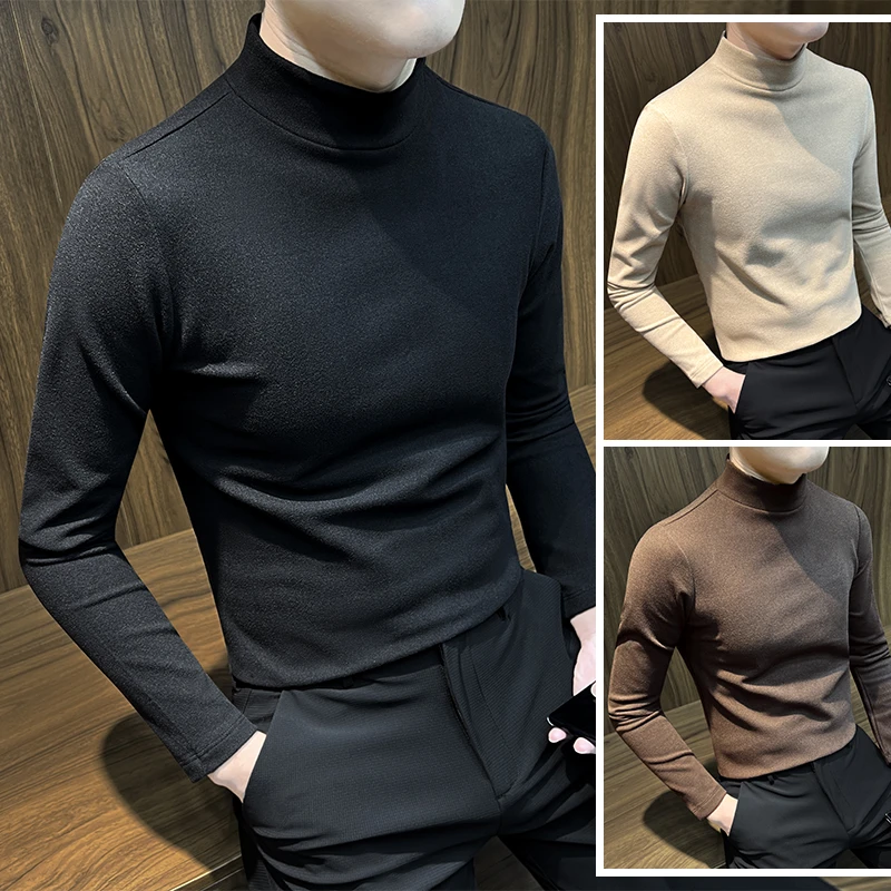 秋季款半高领德绒打底衫男士韩版修身百搭纯色内搭双面绒长袖t恤