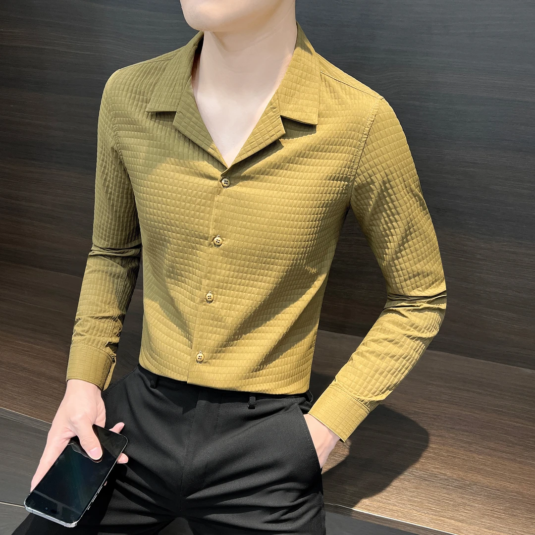 男士格子衬衫秋季时尚修身古巴领衬衣长袖男款高级感痞帅男装休闲