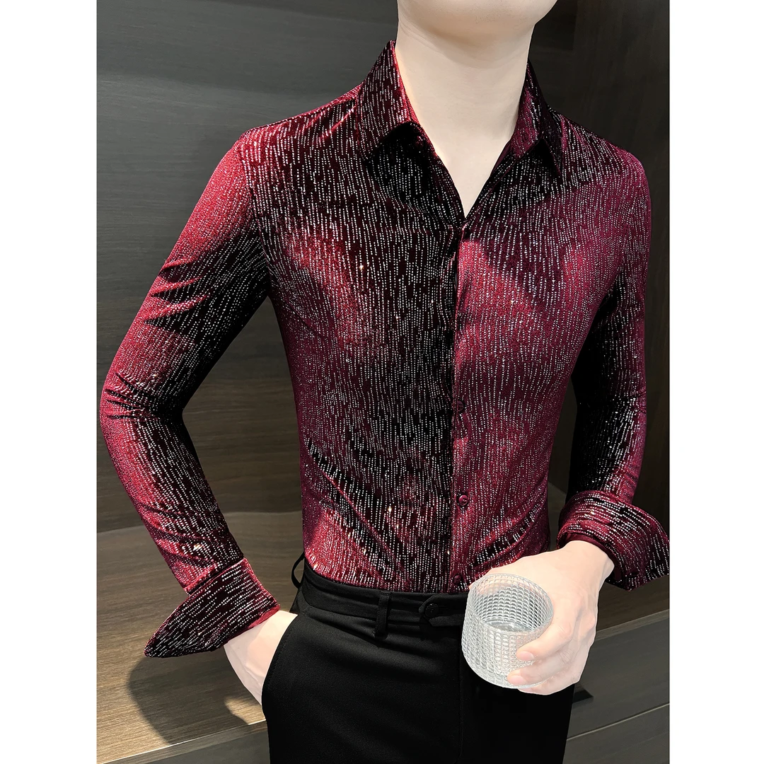 潮牌亮片衬衫男款长袖秋冬款成熟痞帅男装理发师潮流男士修身衬衣