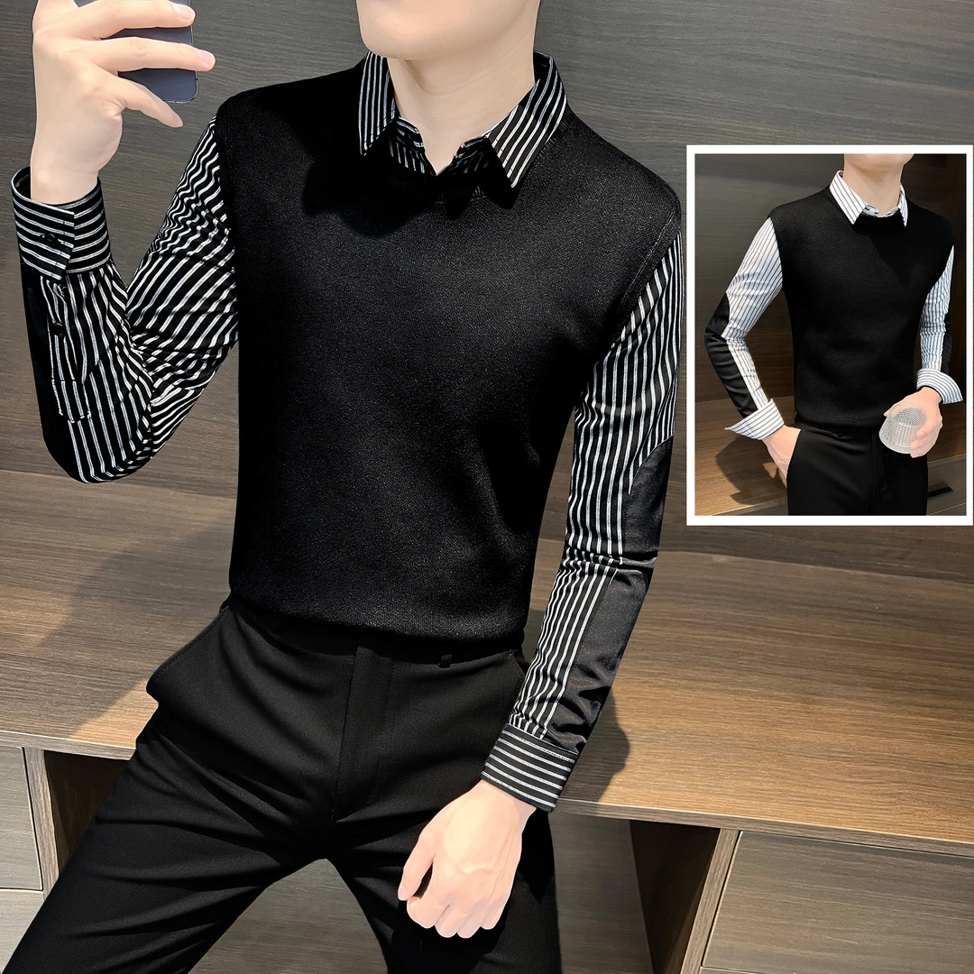 假两件条纹衬衫男款长袖痞帅高级感男装秋冬季男士衬衣拼接针织衫