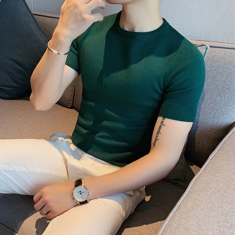 男士针织打底衫潮流修身毛衣男款秋季休闲百搭圆领短袖t恤衫男装