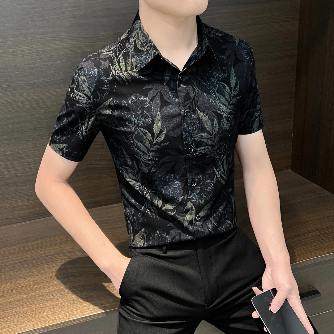 帅气花衬衫男款痞帅高级感网红男装夏季薄款休闲男士修身短袖衬衣