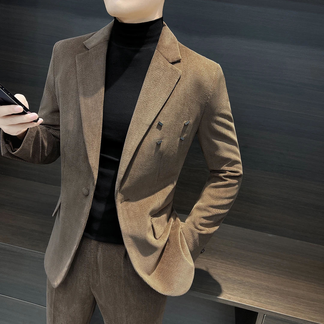 灯芯绒休闲西服外套男爆款2025新款商务男装上衣条纹男士修身西装