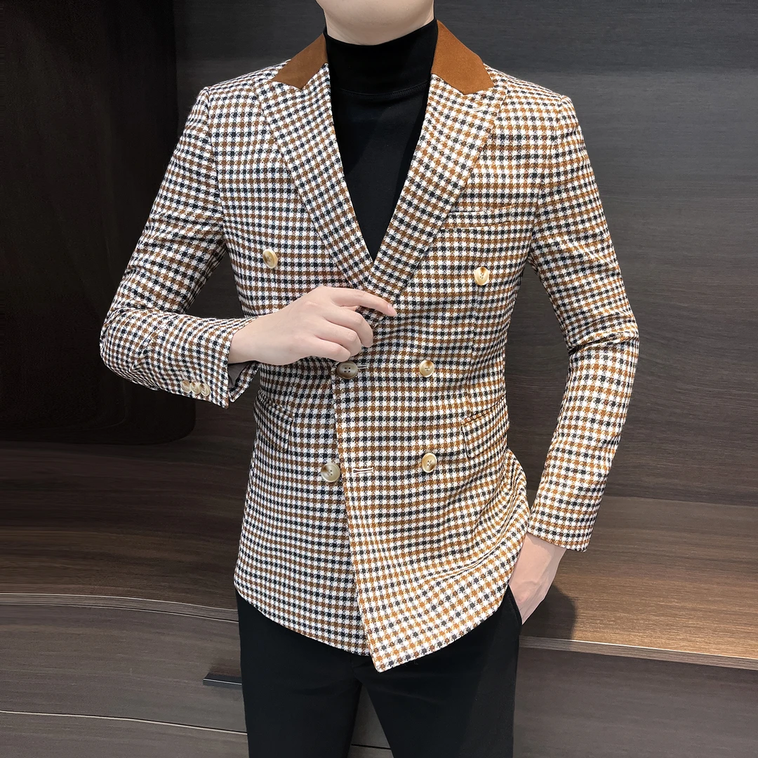 千鸟格休闲西装外套男秋冬新款英伦雅痞风男装潮流修身男士小西服