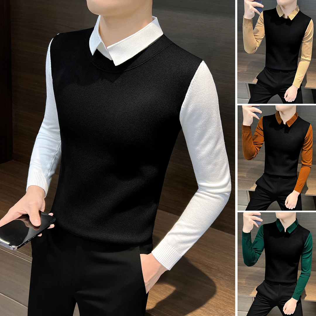 假两件衬衫领针织衫男款30-40岁网红洋气炸街男装毛衣男士打底衫