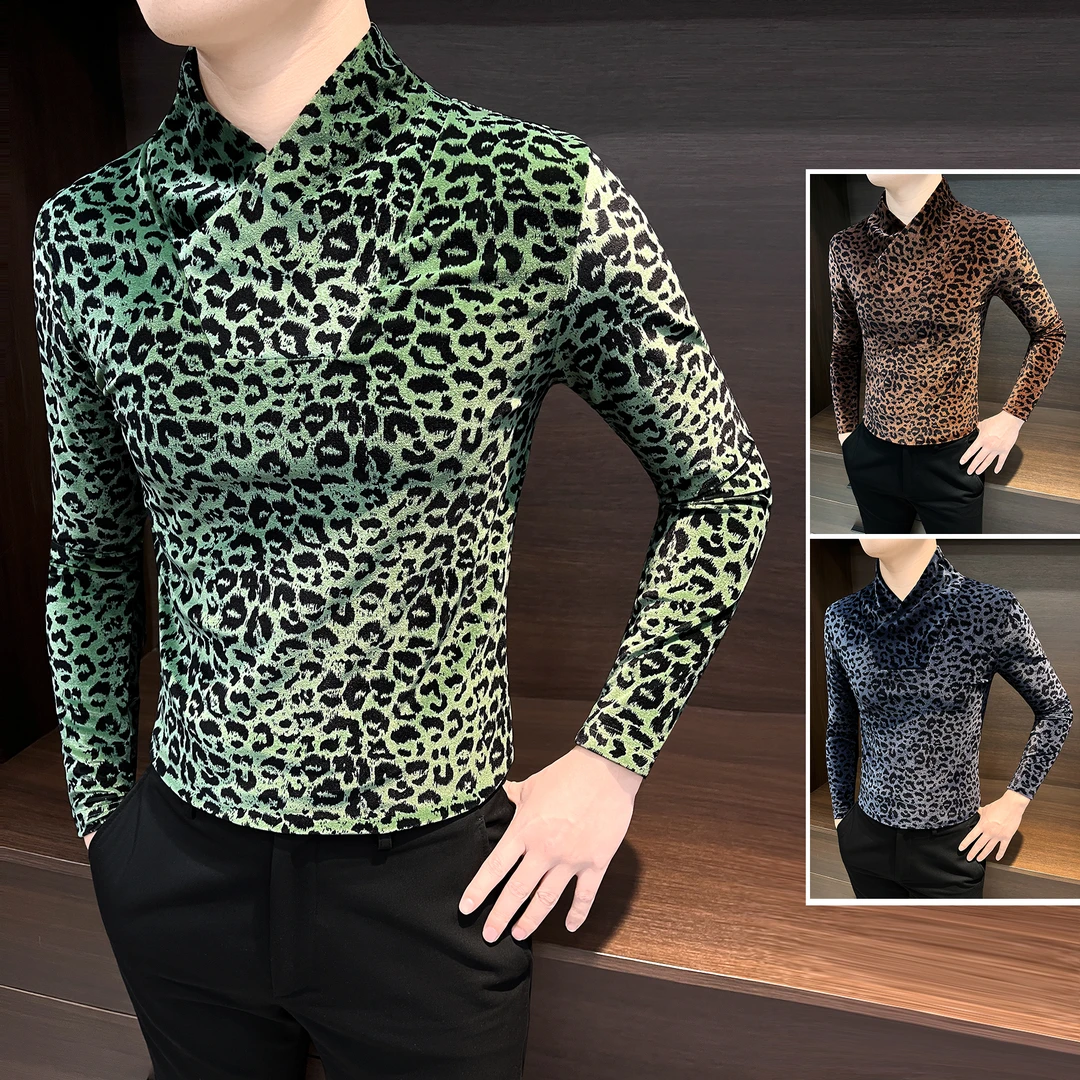 豹纹男士打底衫秋季新款网红款潮牌男装潮流修身V领男款长袖t恤衫