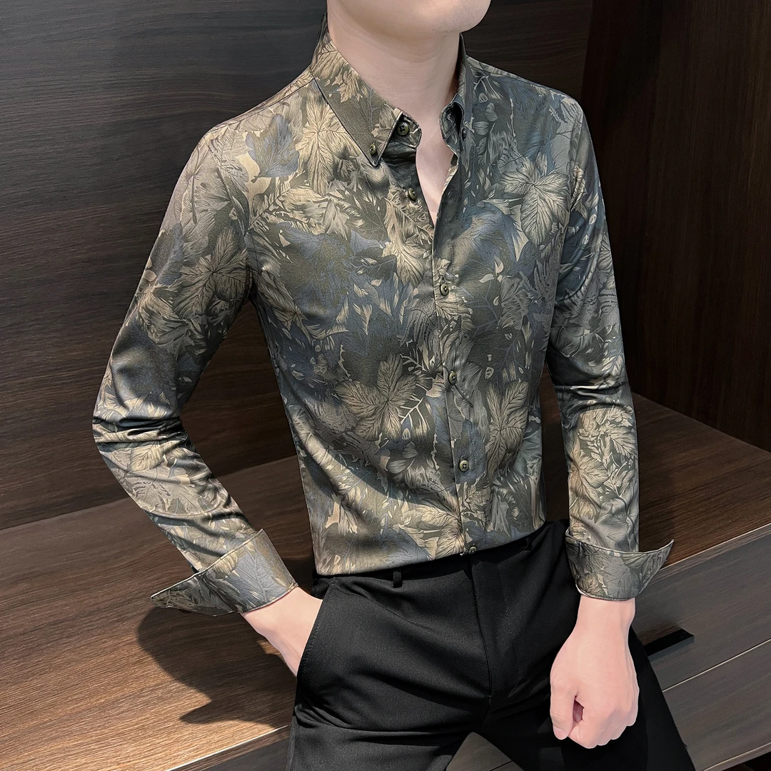 时尚花衬衫男款长袖秋季潮流痞帅高级感男装印花衬衣男款2025新款