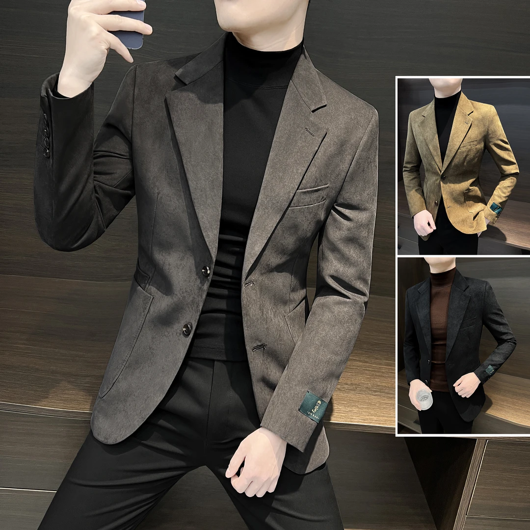休闲西服男款爆款2025新款气场强大高级感男装鹿皮绒男士西装外套