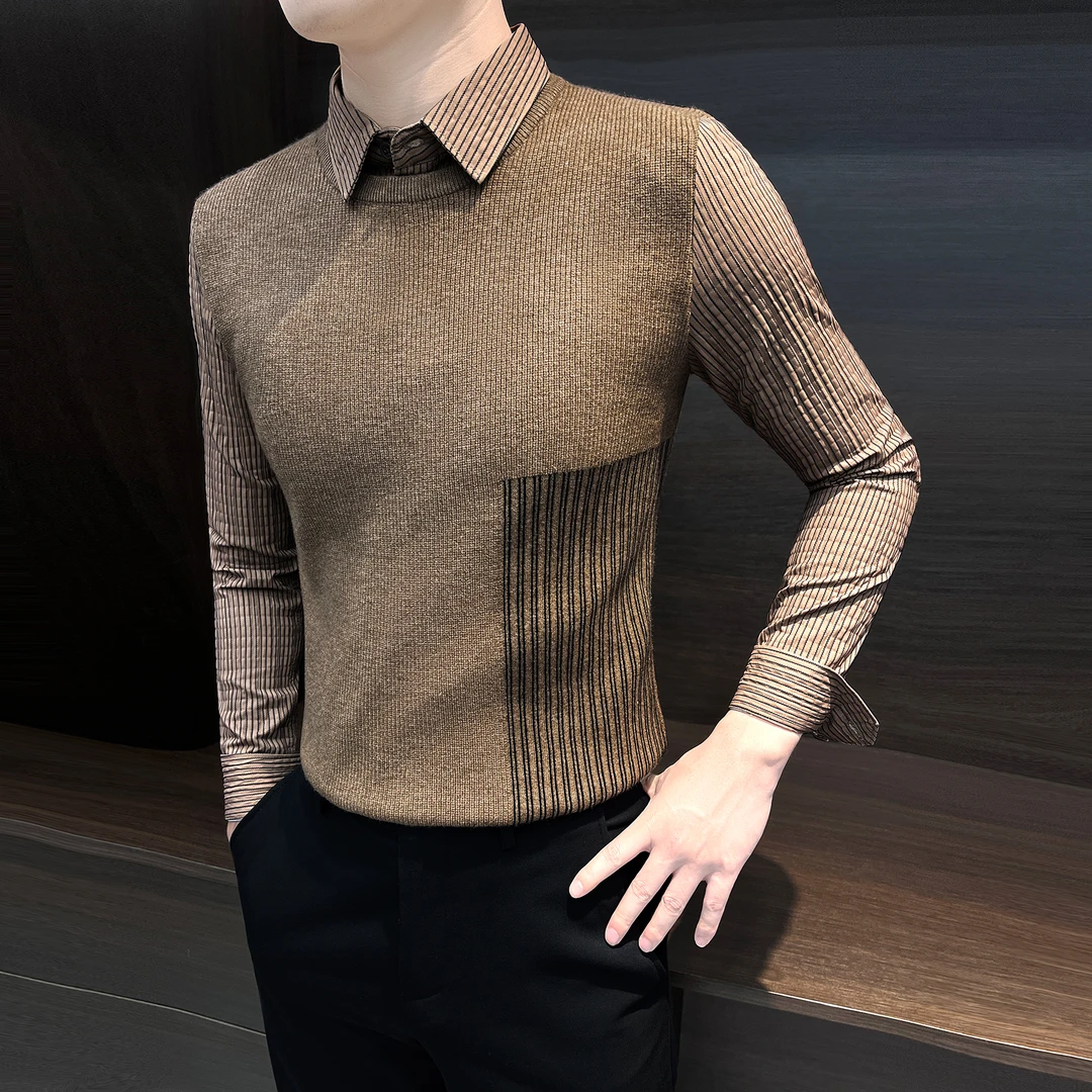假两件衬衫男款毛衣冬季2024新款成熟痞帅男装条纹针织男士打底衫
