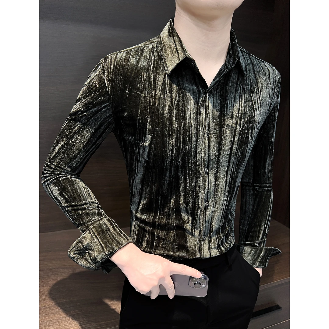 金丝绒男衬衫长袖痞帅高级感上衣服男装潮牌衬衣男款爆款2025新款