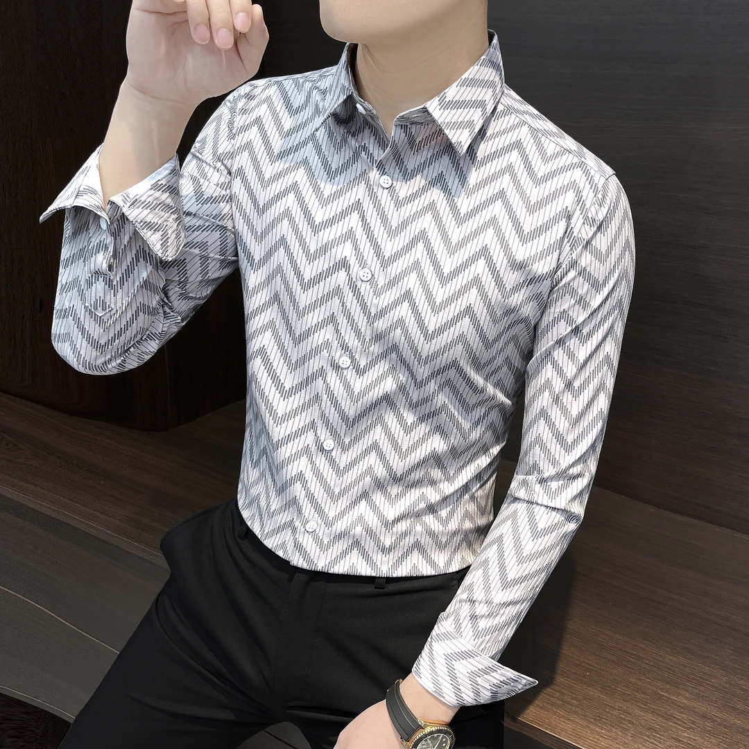 条纹长袖衬衫男款秋冬款成熟痞帅轻奢高级感男装韩版修身男士衬衣