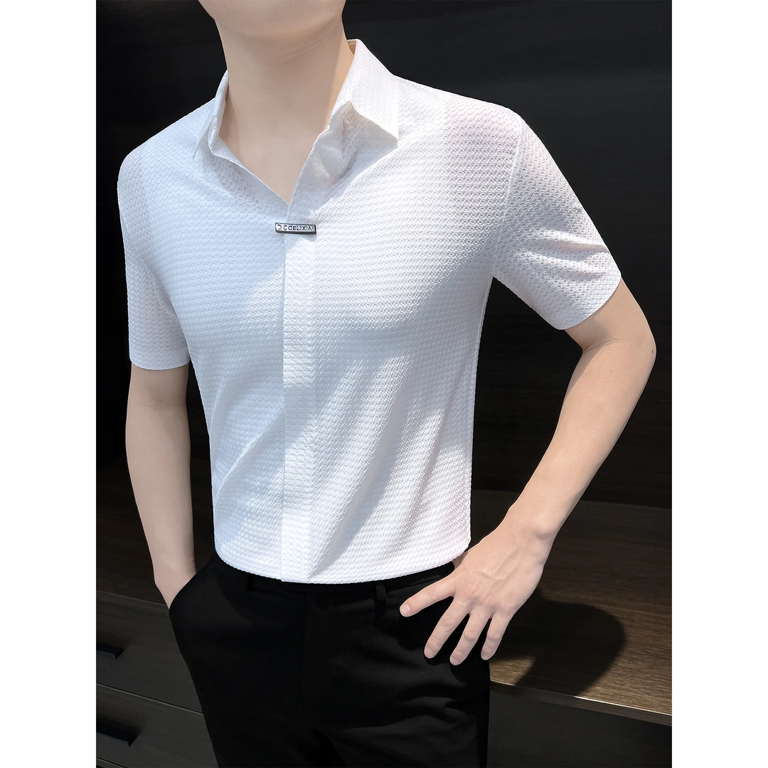 无痕冰丝男士短袖polo衫男款高级感痞帅男装华夫格男式高档t恤衫