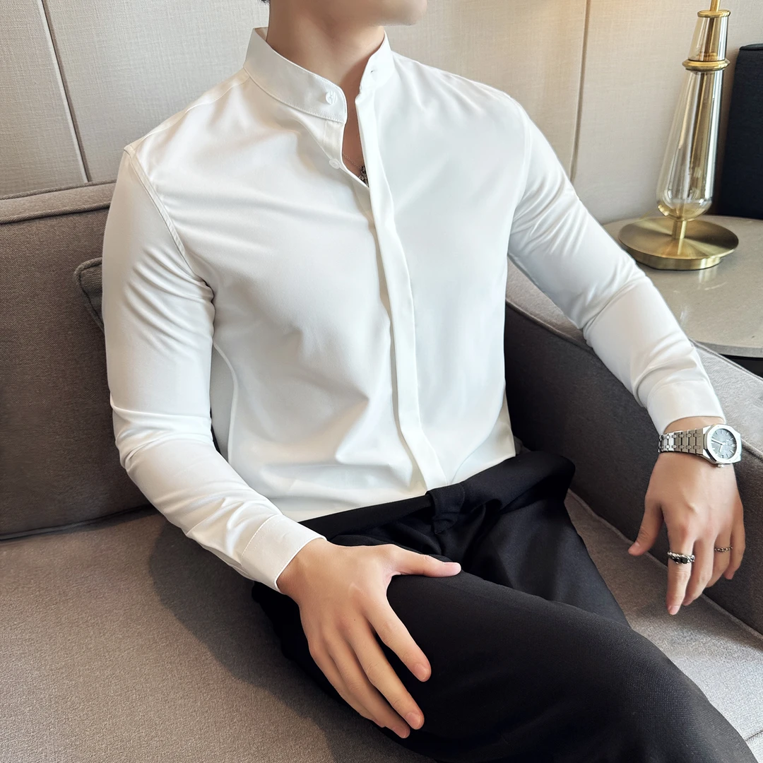 立领男士衬衫长袖2024新款爆款春秋款痞帅新中式男装中山领白衬衣