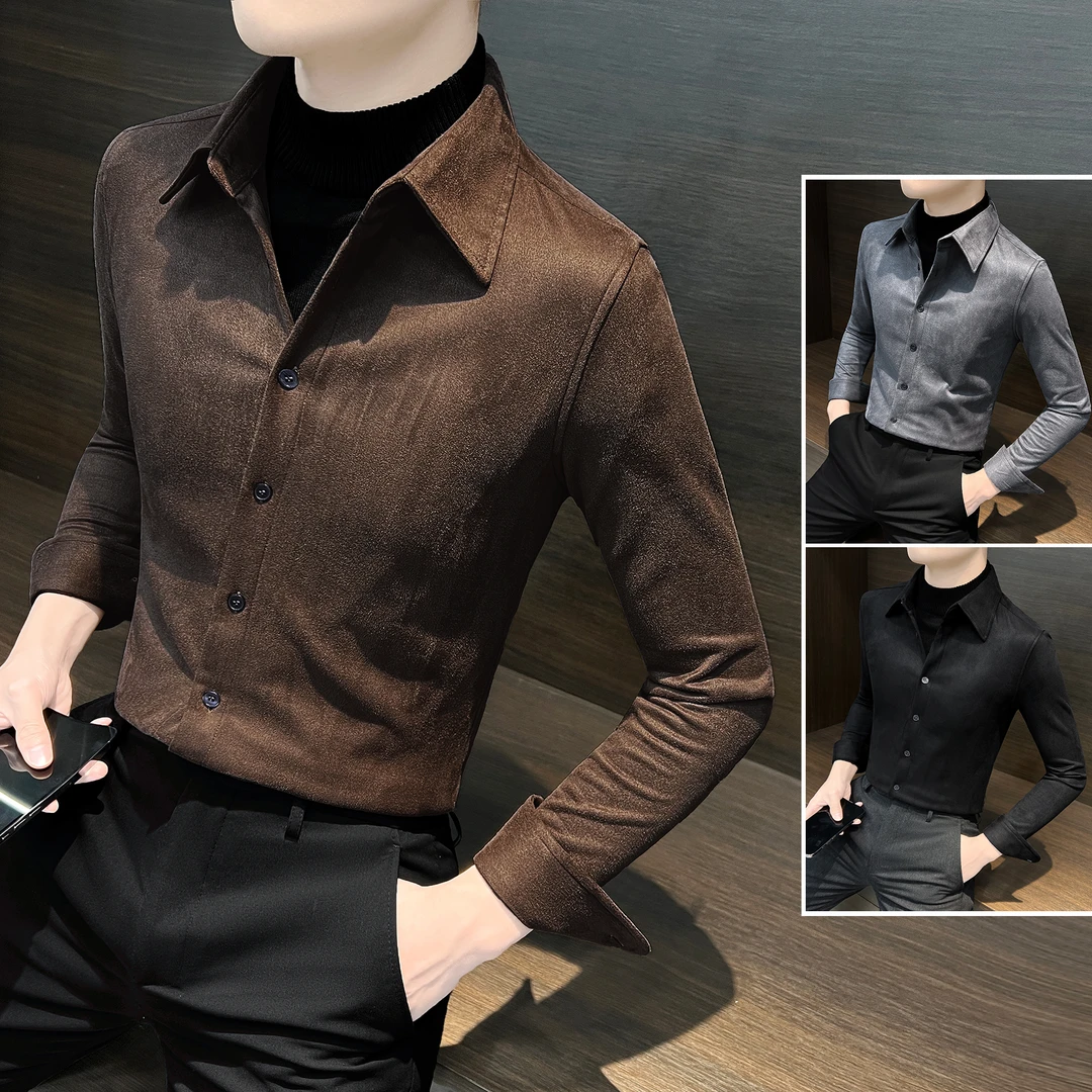 假两件衬衫男款长袖冬季新款成熟痞帅男装鹿皮绒韩版修身男士衬衣