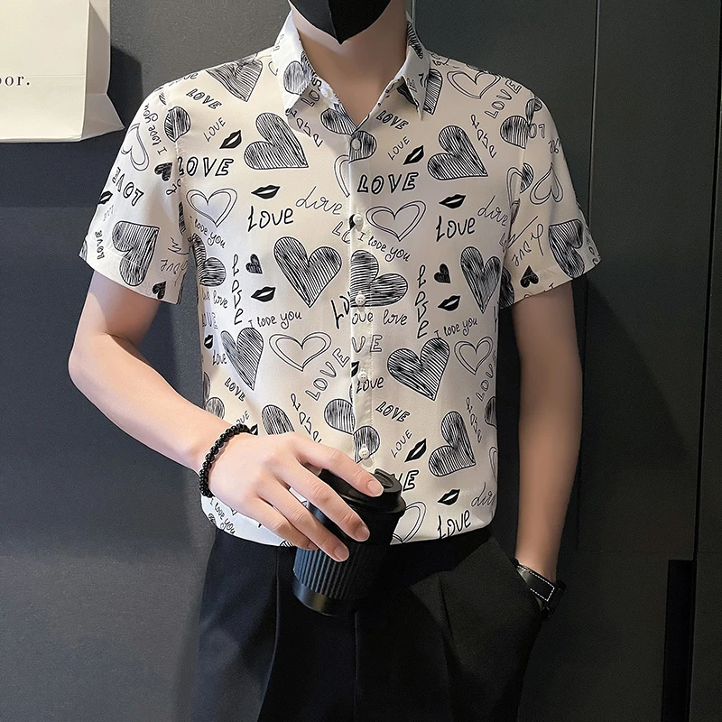 印花短袖衬衫男款夏季薄款2023新款爆款时尚男装潮牌潮流休闲衬衣