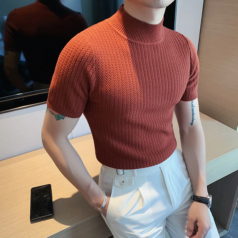 半高领短袖毛衣男款秋季潮牌内搭韩版修身中领男士针织打底衫t恤