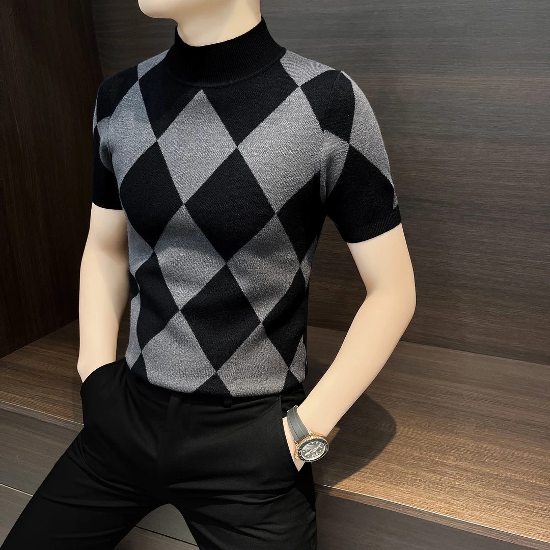 菱形格子男士t恤2025新款爆款成熟痞帅男装半高领男款针织打底衫