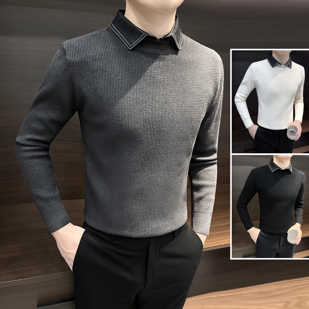 假两件毛衣男士秋冬装2024新款成熟痞帅男装衬衫领针织男款打底衫