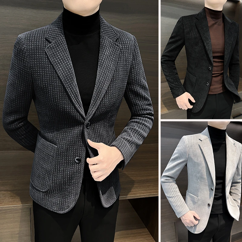 华夫格西装男款爆款2025新款高级感痞帅男装格子男士气质西服外套