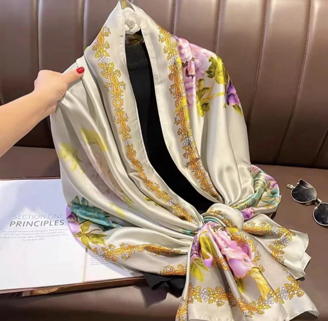 新粉专享 灰牡丹 丽锦缎 缎面牡丹蓝高档百搭长巾180x90