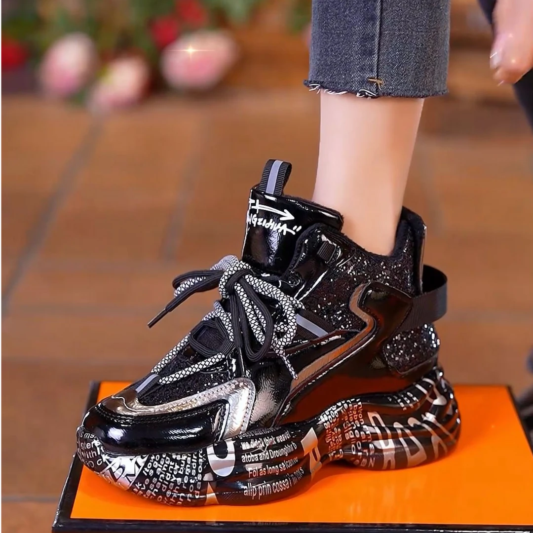 【断码清仓】高帮老爹鞋女2024年新款秋季女鞋休闲厚底黑