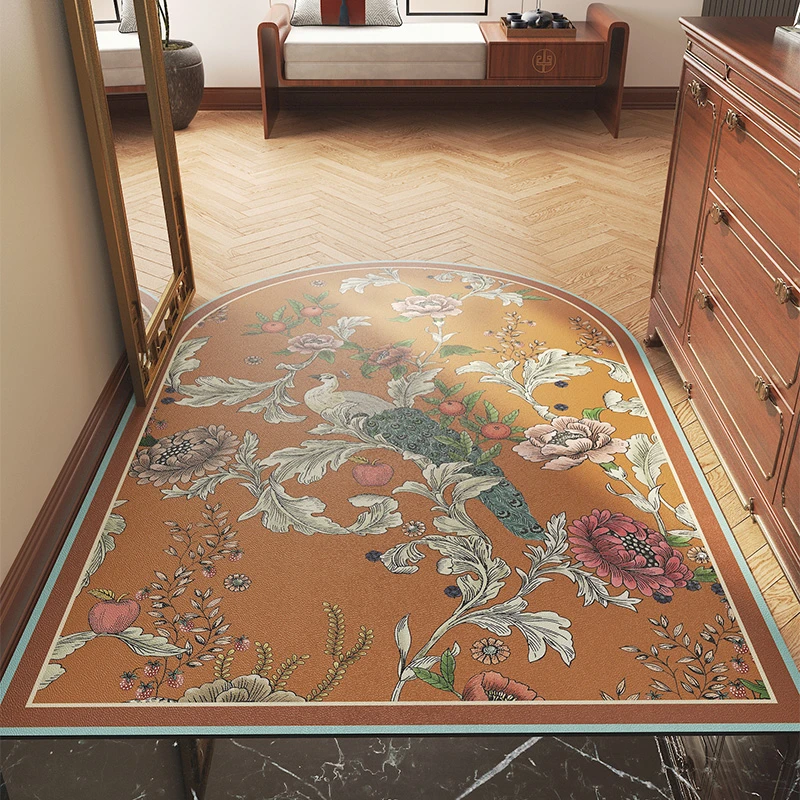 复古彩绘新中式入户门地垫玄关进门免洗防滑皮革脚垫可裁剪踩脚垫