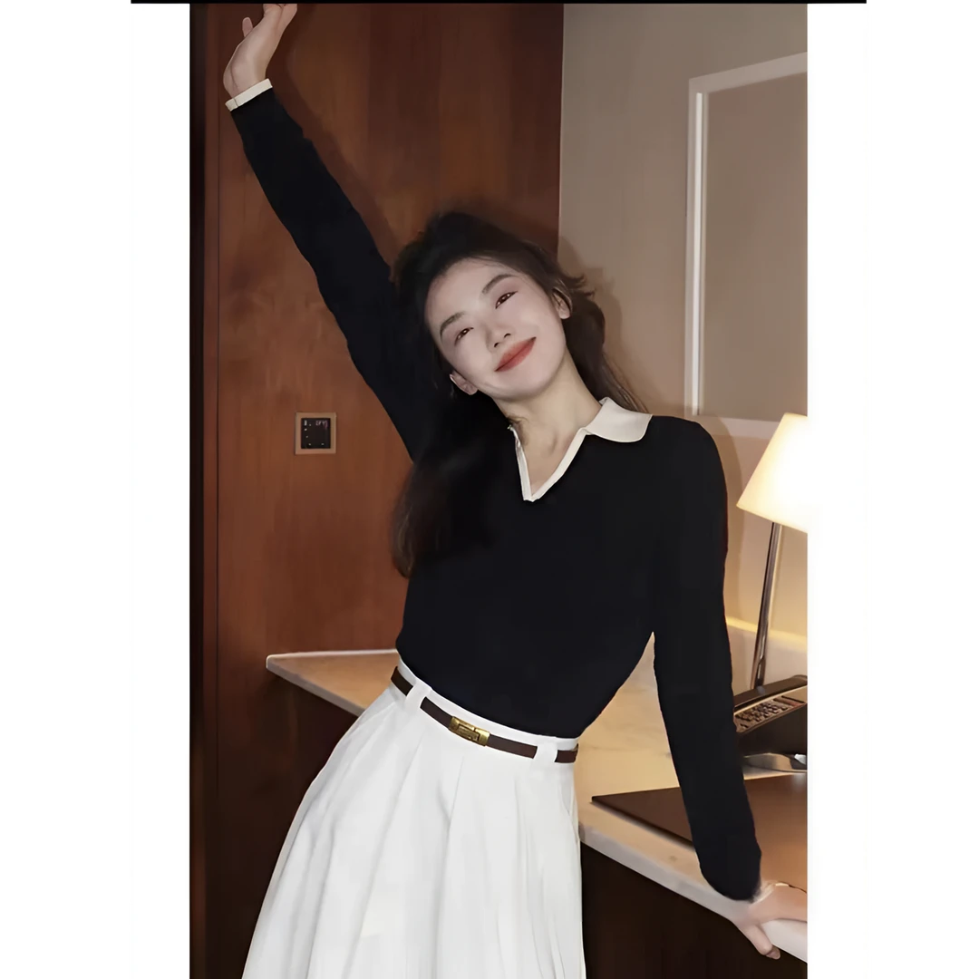 福利---拍下选择编码--秋冬装翻领撞色长袖气质显瘦设计感毛衣女