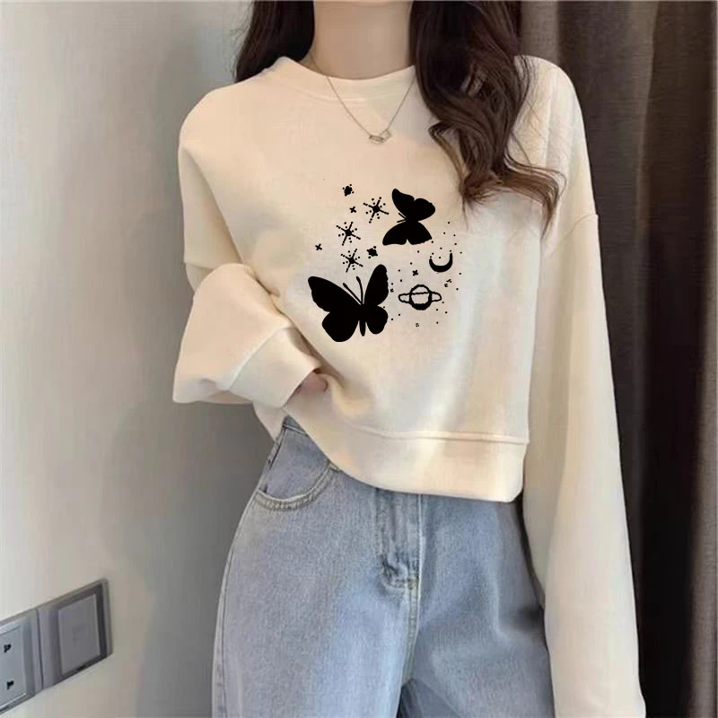 短款棉质学院风高腰短款卫衣女秋冬季2024百搭正肩圆领长袖上衣