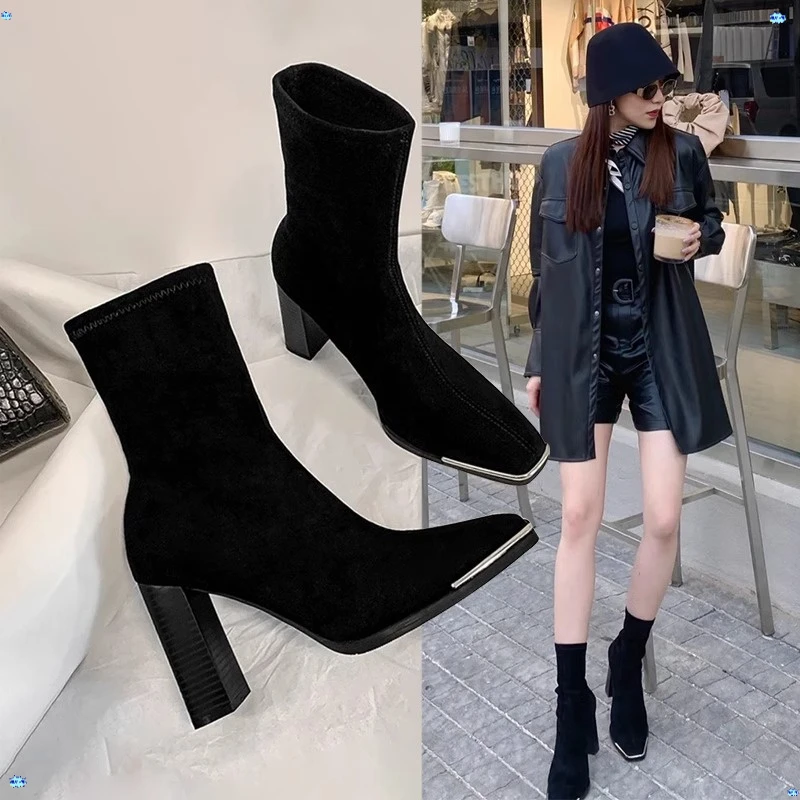 香港高跟粗跟短靴女2025秋季新款黑色方头绒面骑粗跟加绒女式长靴