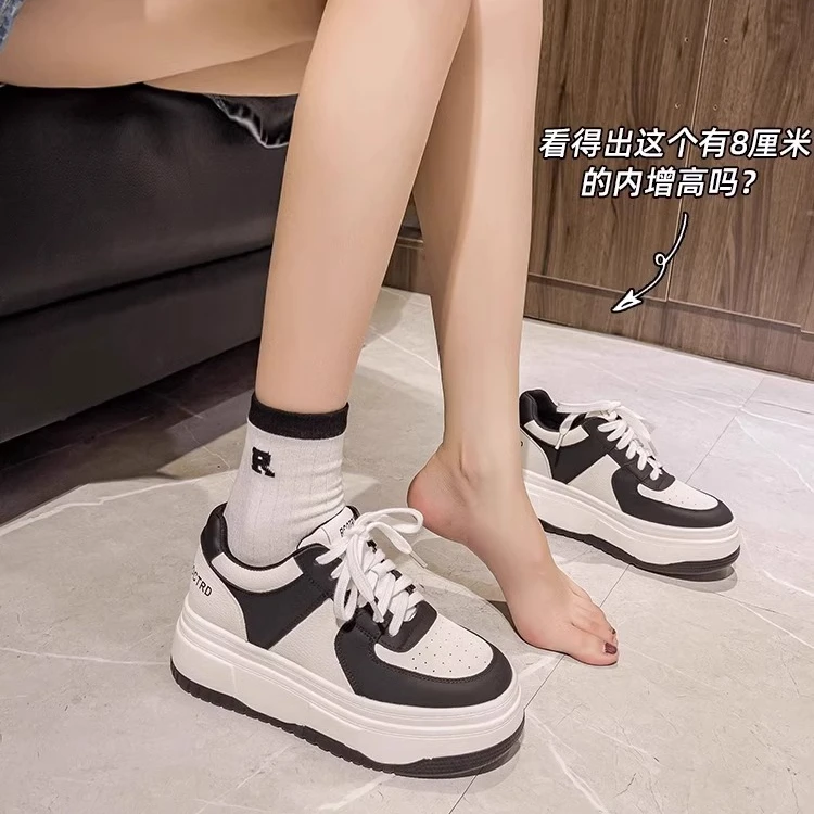 内增高真皮休闲板鞋小白鞋2025新款厚底百搭小个黑色真皮女士板鞋