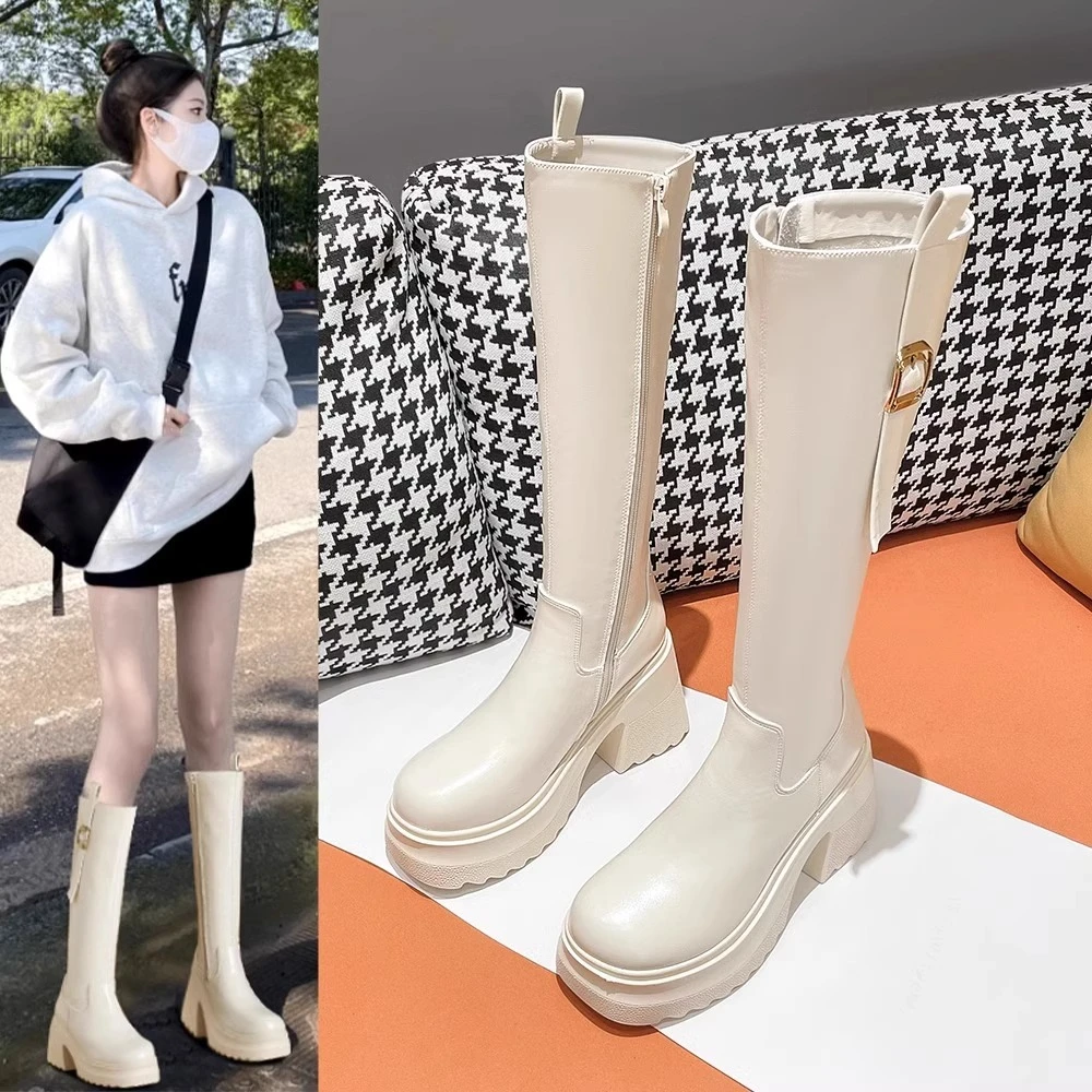 香港长筒靴女2024秋冬新款加绒厚底不过膝高筒靴小个子显瘦骑士靴