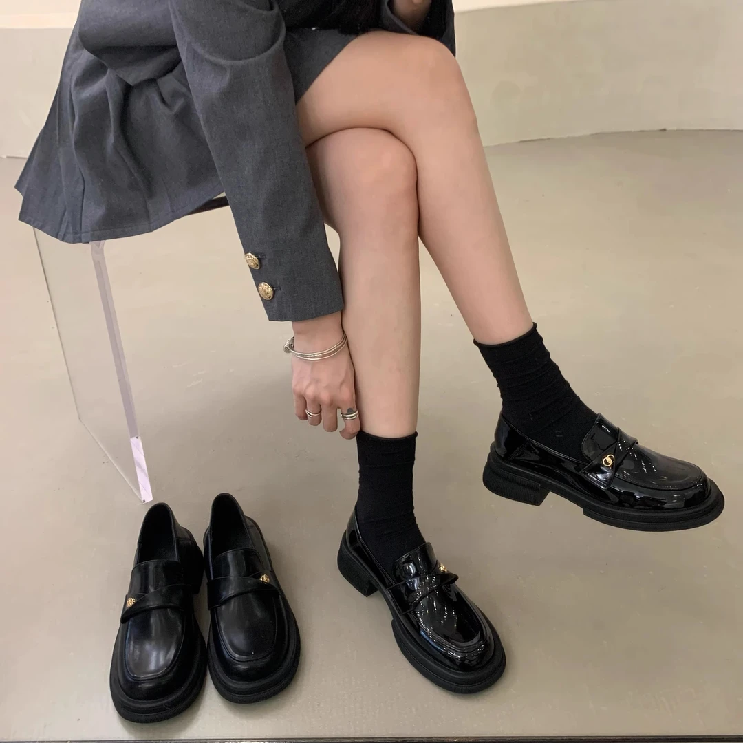 小香风真皮厚底乐福鞋时尚单鞋女2025新款黑色秋季英小香风女单鞋