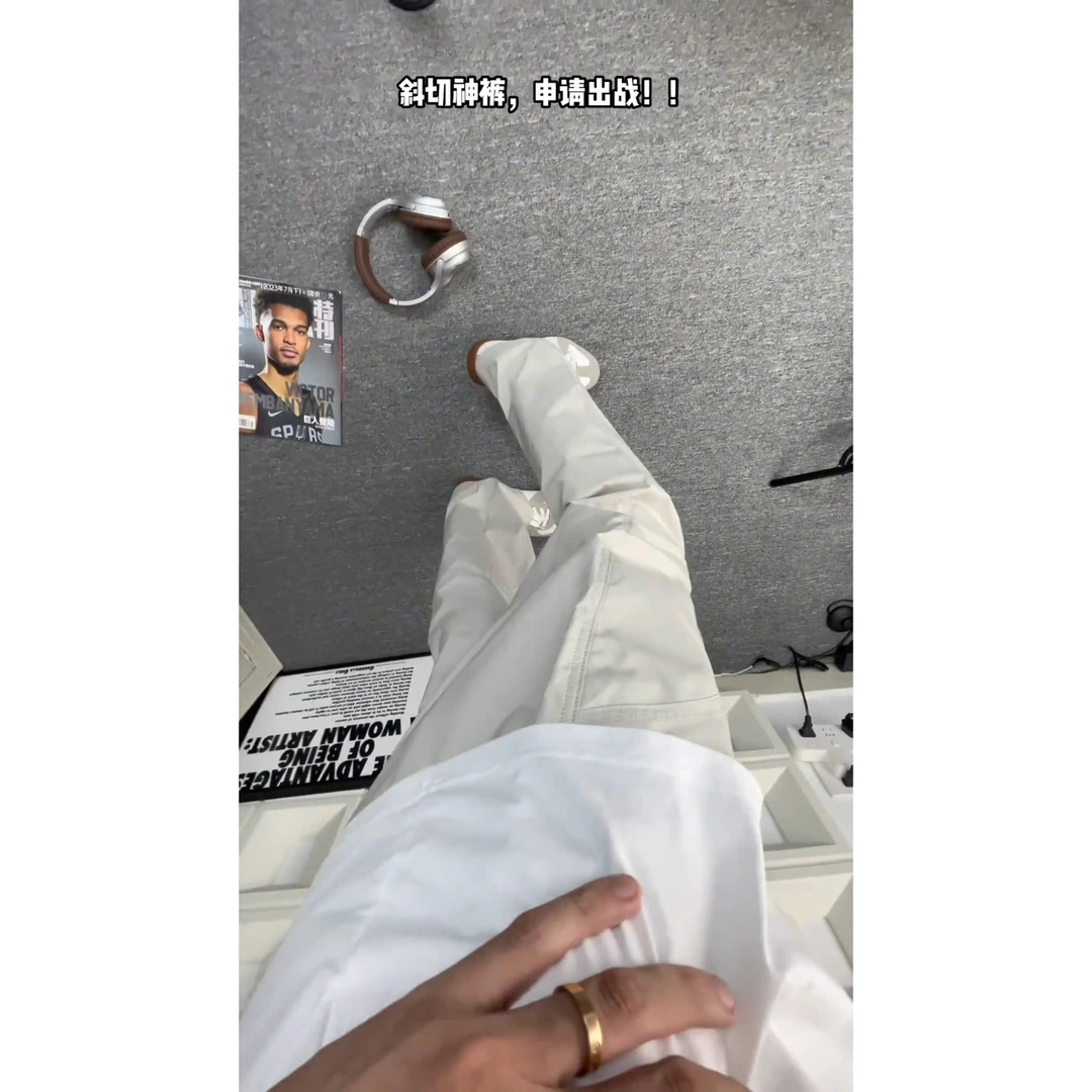 美式cleanfit卡其色斜切休闲裤男春夏新款宽松百搭裤子伐木直筒裤