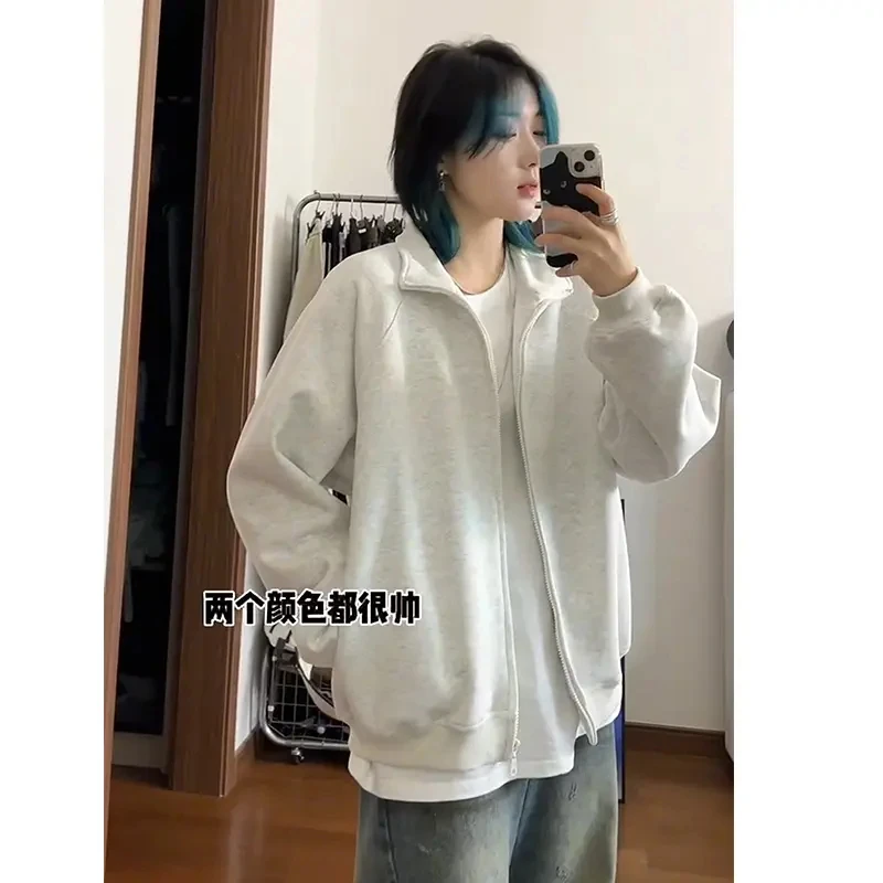 立领开衫卫衣男款秋季新款穿搭情侣装外套美式潮牌复古棒球服夹克