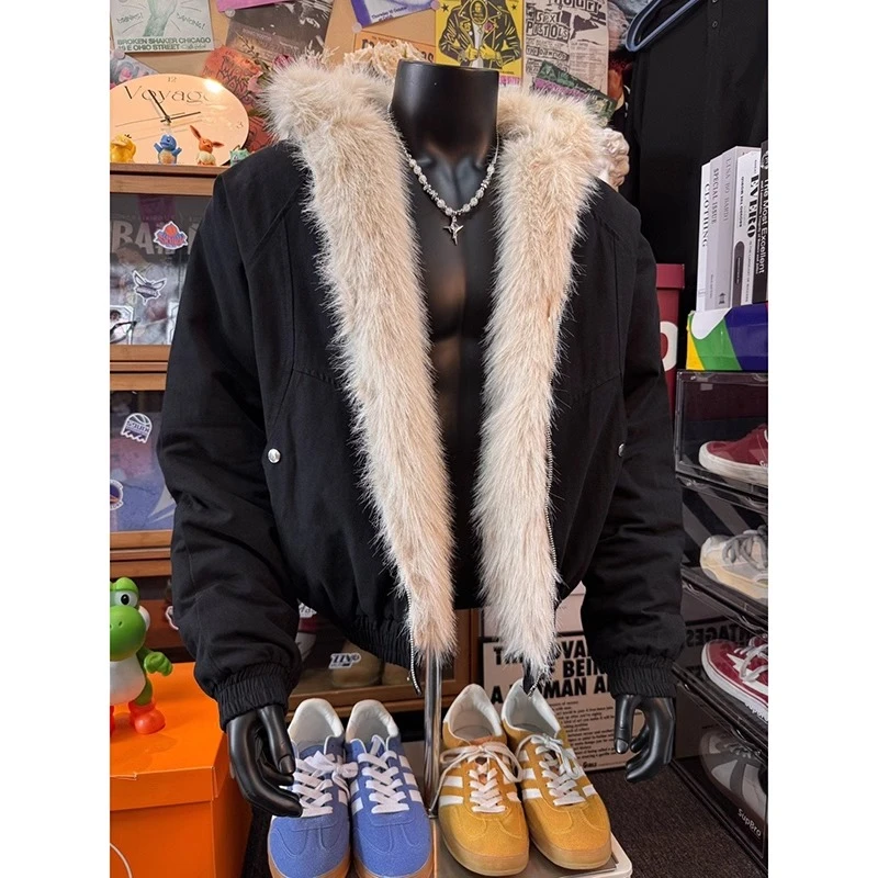 美式座山雕毛领夹克棉服男款冬季加绒加厚毛毛短外套cleanfit棉衣