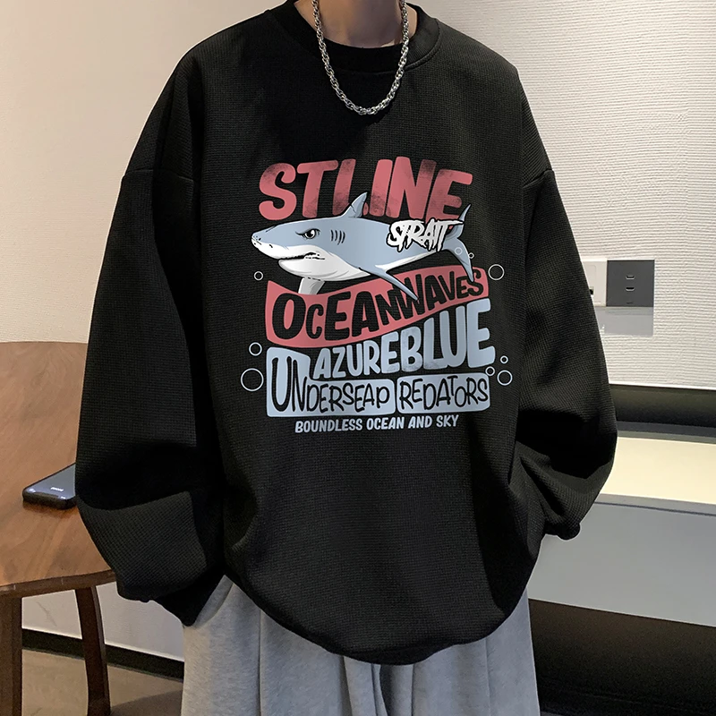 华夫格卫衣圆领卫衣男大码长袖加绒男外套宽松百搭港风青少年上衣