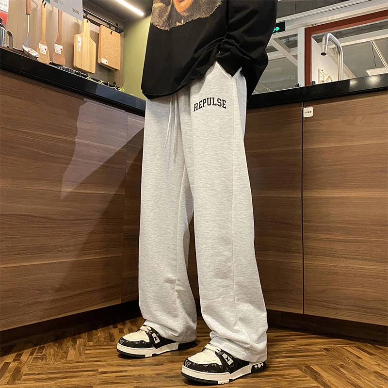 灰色运动卫裤男生秋季美式复古休闲裤子大码宽松直筒阔腿拖地长裤