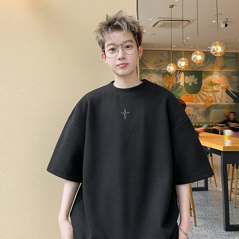 美式复古四芒星麂皮绒重磅短袖T恤男士夏季2024新款衣服潮牌半袖