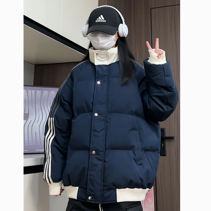 藏蓝色拼接棉衣男冬季国潮牌条纹立领面包服宽松简约保暖棉服外套