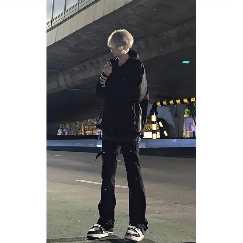 黑色美式高街牛仔裤男秋季潮牌青少年vibe风微喇裤子高个子直筒裤