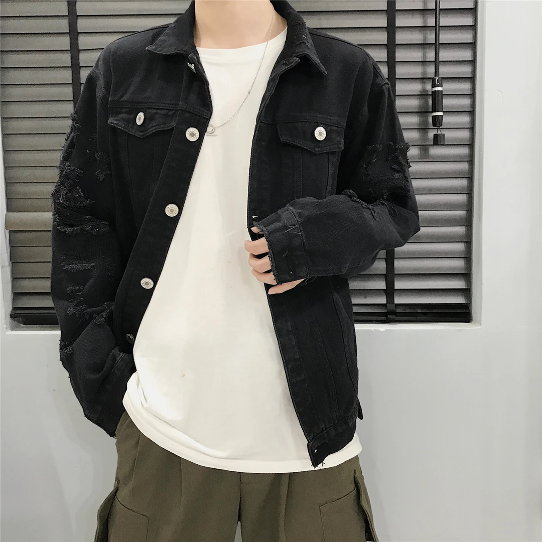 春秋新款男士牛仔破洞刺绣夹克情侣休闲潮牌潮流外套男大码上衣