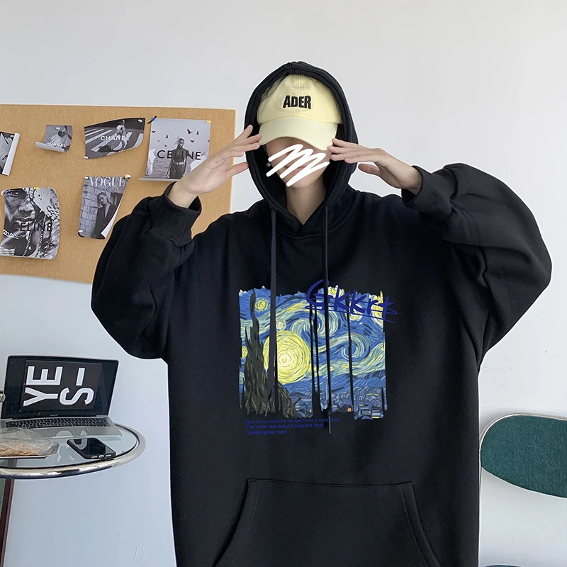 春秋季印花大码卫衣男生新款美式复古宽松连帽上衣服百搭外套潮牌