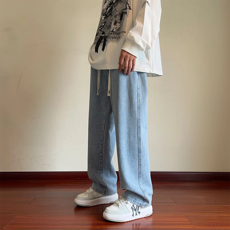 春秋美式高街松紧腰牛仔裤男士加绒潮牌抽绳oversize宽松阔腿裤子