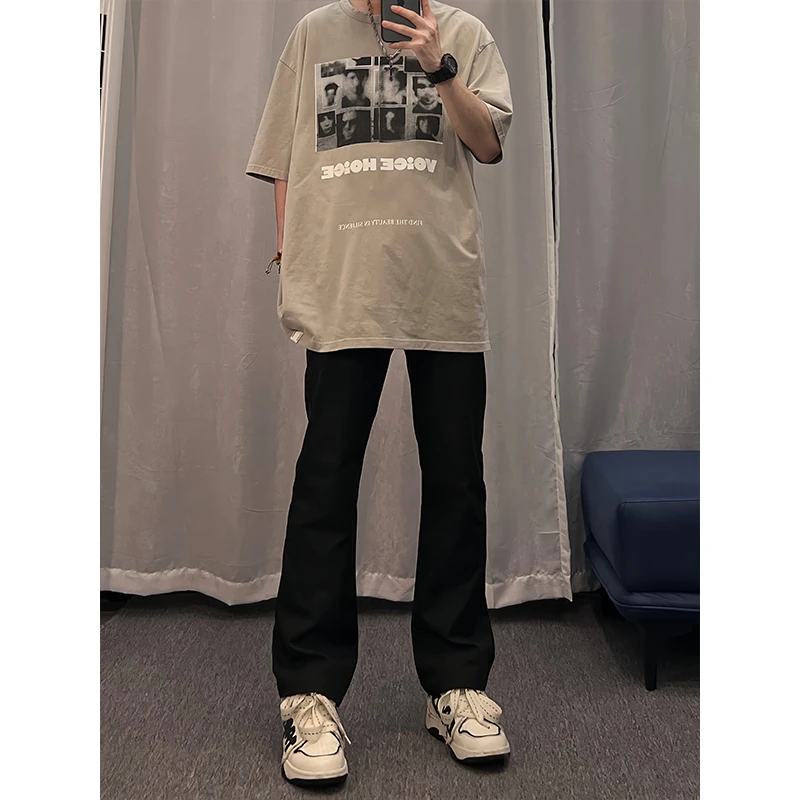 直筒牛仔裤男青春流行休闲纯色微喇长裤子美式高街潮牌黑色阔腿裤