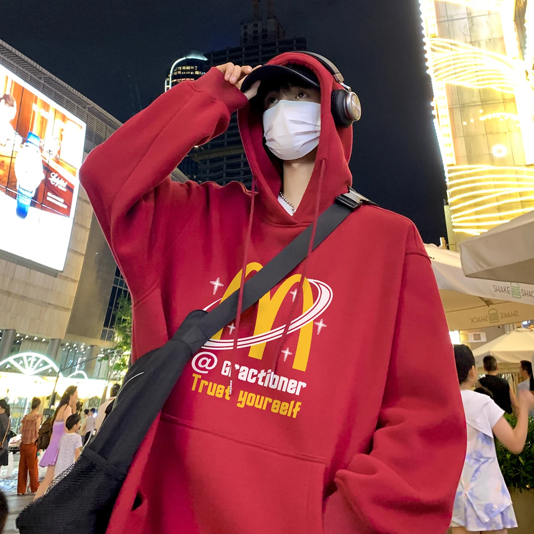 连帽卫衣男春秋季美式字母印花百搭外套潮牌oversize复古秋装新款