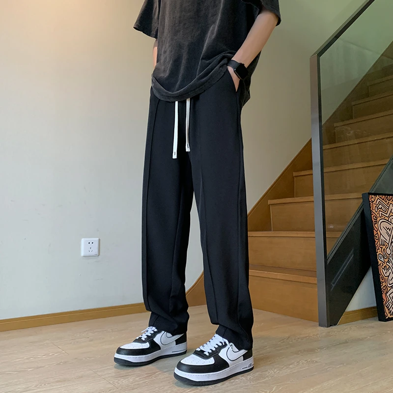 休闲裤男士夏季高街美式宽松大码直筒长裤垂感纯色情侣款西装裤子