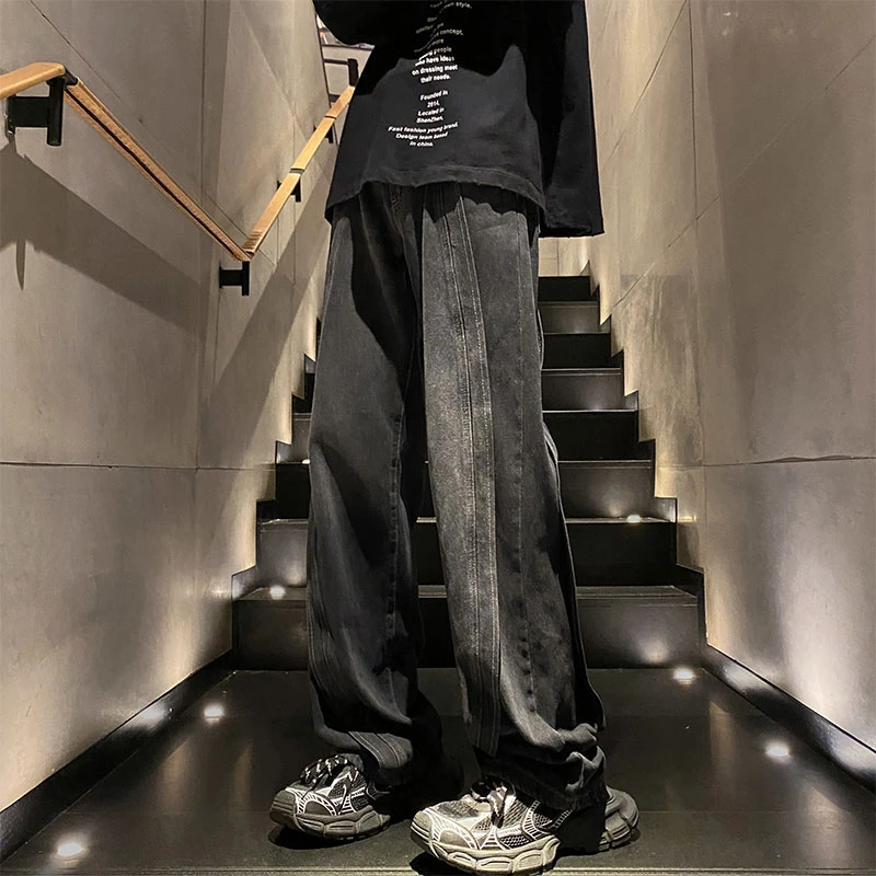 春秋新款美式重磅情侣款拼接牛仔裤男宽松高街阔腿垂感直筒裤长裤