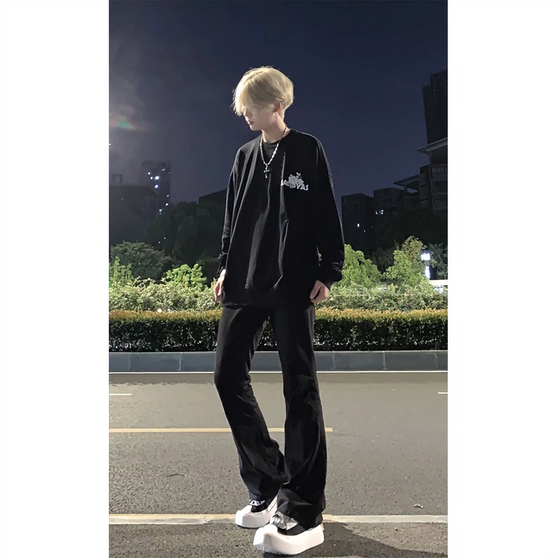 黑色牛仔裤男款vintage美式街头裤子高街vibe微喇修身小脚直筒裤