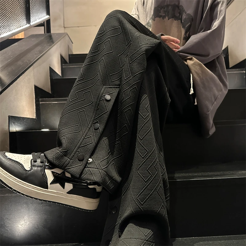 港风提花松休闲裤秋季新款百搭直筒阔腿裤排口开叉潮大码痞帅男裤