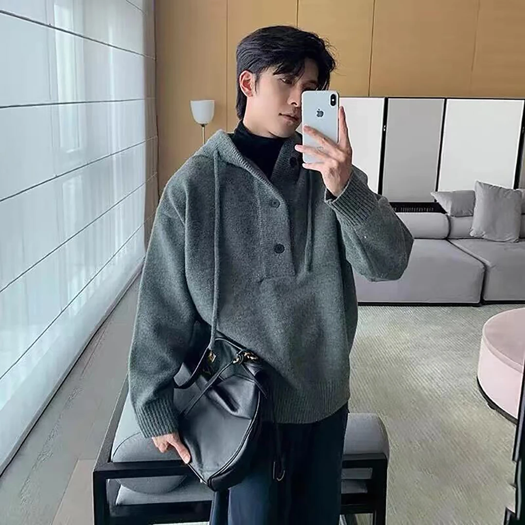 高街纯色连帽针织衫男款冬季美式cleanfit连帽卫衣高级感痞帅毛衣